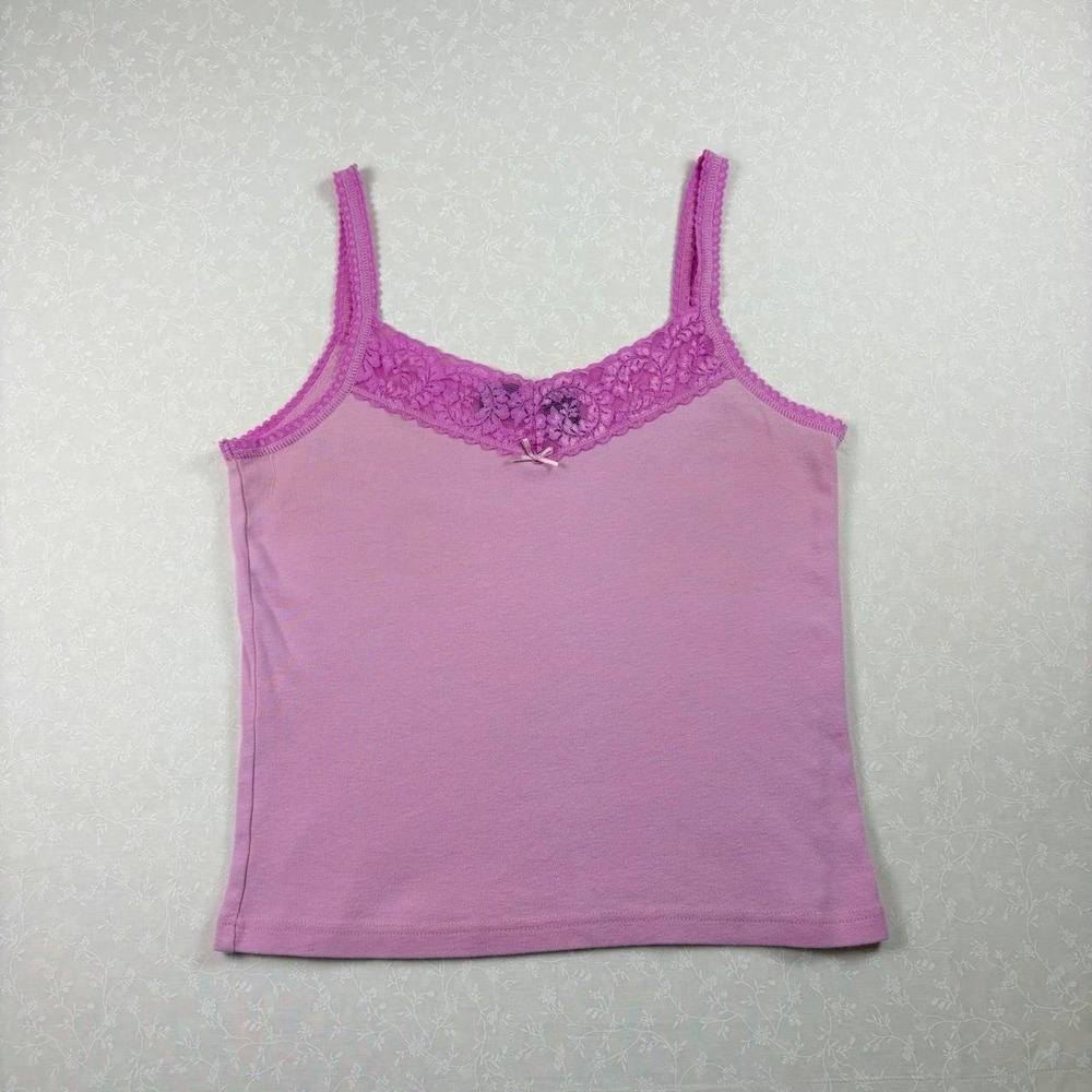 Y2K Pink Lace Trim 100% Cotton Bow Cami/ Size Large